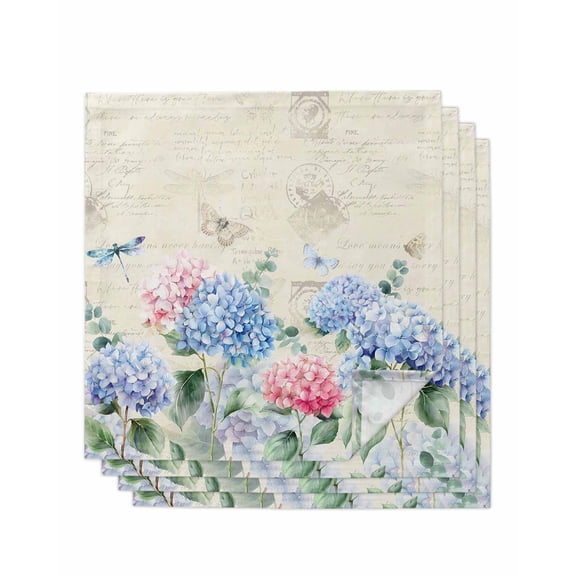 Blue Hydrangea Cloth Napkins Set of 4 Reusable Dinner Napkins, Pink Flowers Spring Botanical Country Plants Cocktail Napkin Washable Table Napkins for Wedding/Holiday Party/Baby Shower 20"x20"