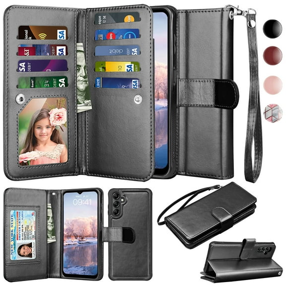 Wallet Phone Case for Samsung Galaxy A14 5G, PU Leather Wallet Case Cover and Cash Credit Card Holder for Women Men, Ebizware Detachable Wallet Case with Magnetic Kickstand & Strap-Black