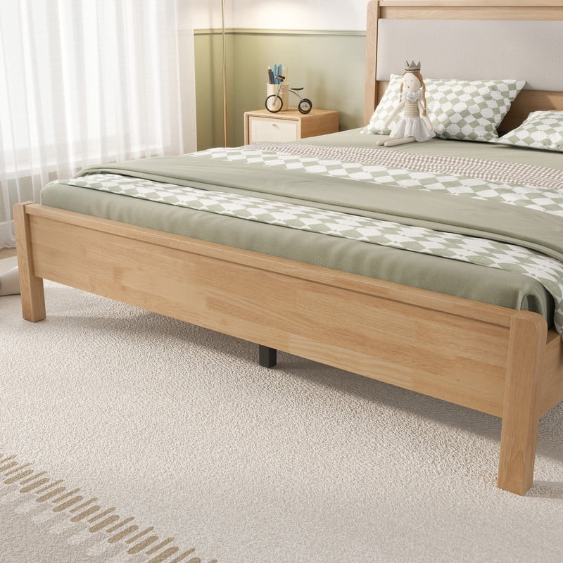 Queen Size Wooden Bed Frame with Upholstered Headboard, Low Profile Platform Bed with Central Support Legs