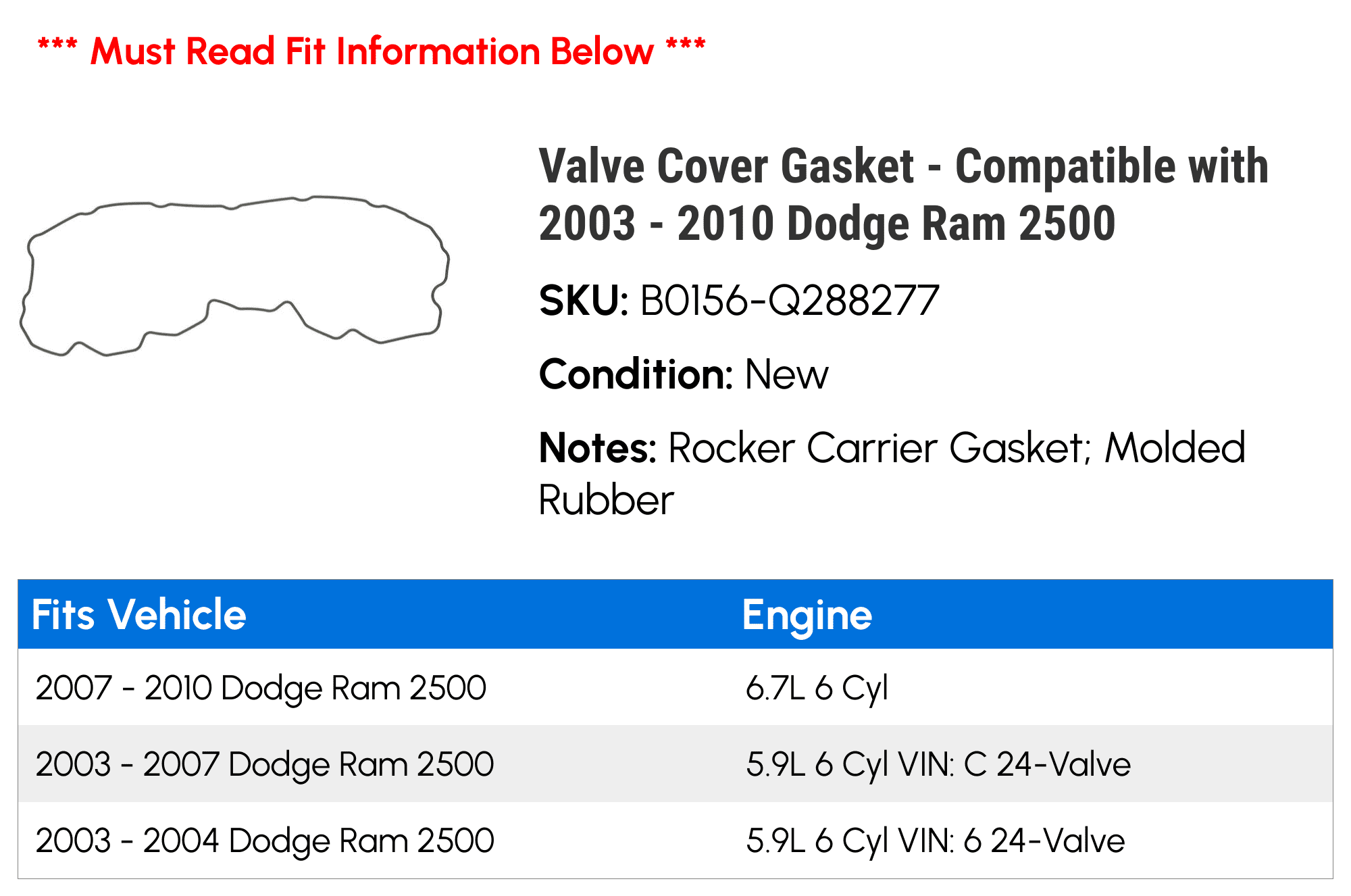 Valve Cover Gasket - Compatible with 2003 - 2010 Dodge Ram 2500 2004 2005 2006 2007 2008 2009