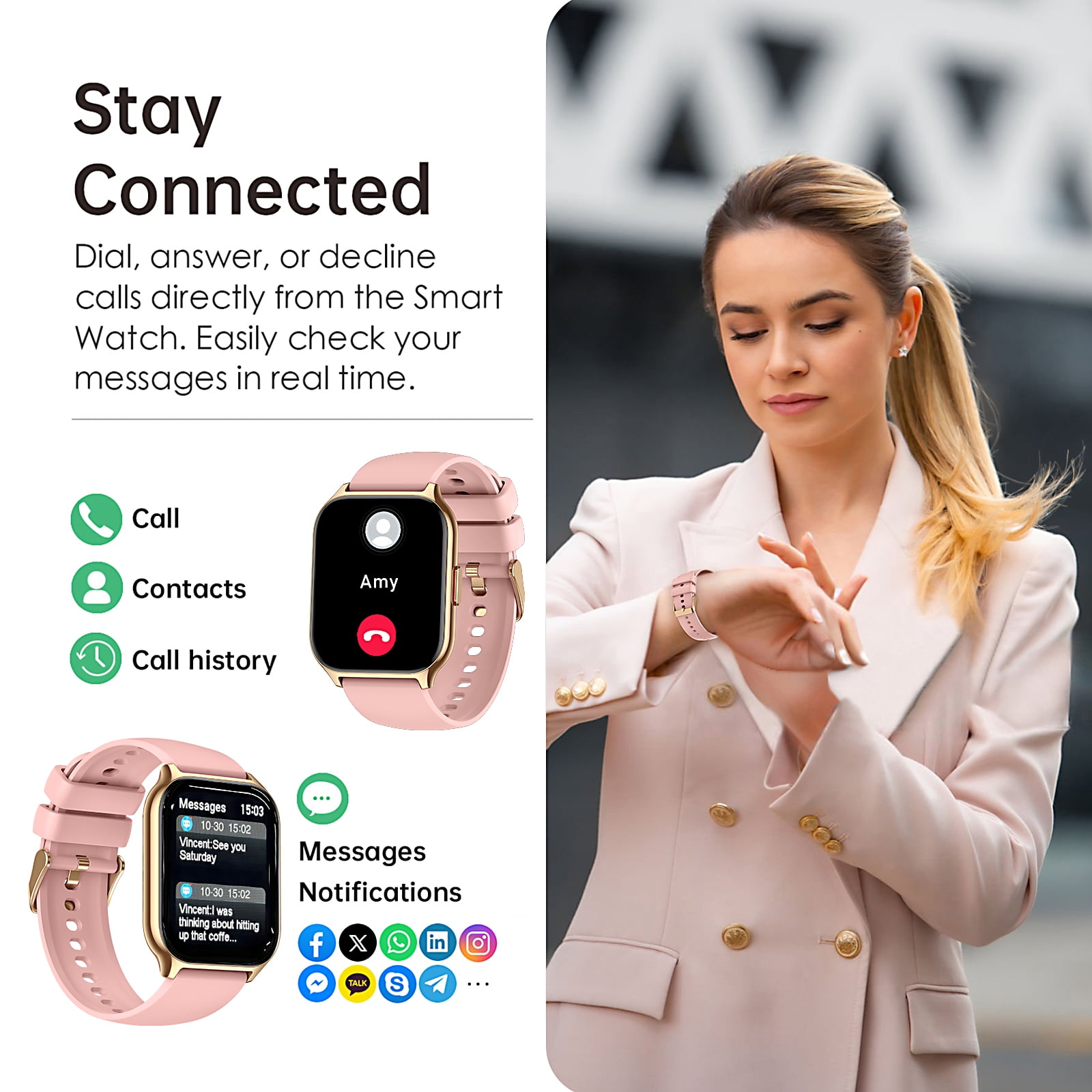 Smart Watch for Android and iPhone, TIGRADE Answer/Make Call Smartwatch for Men Women Waterproof, 23 Sport Modes, Fitness Activity Tracker, Pink
