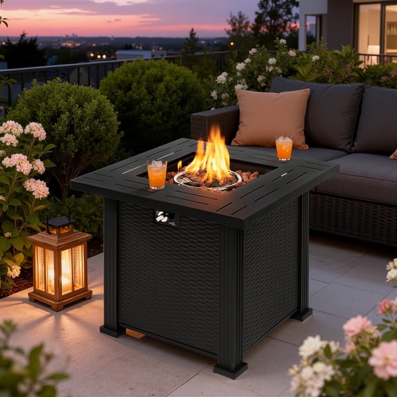 2-in-1 Propane Fire Pit Table, Outdoor Table with Fire Pit, 28 Inch 50,000 BTU Auto-Ignition Gas Fire Pit Table with Lid and Lava Rock, Square Fire Table for Yard Patio Garden