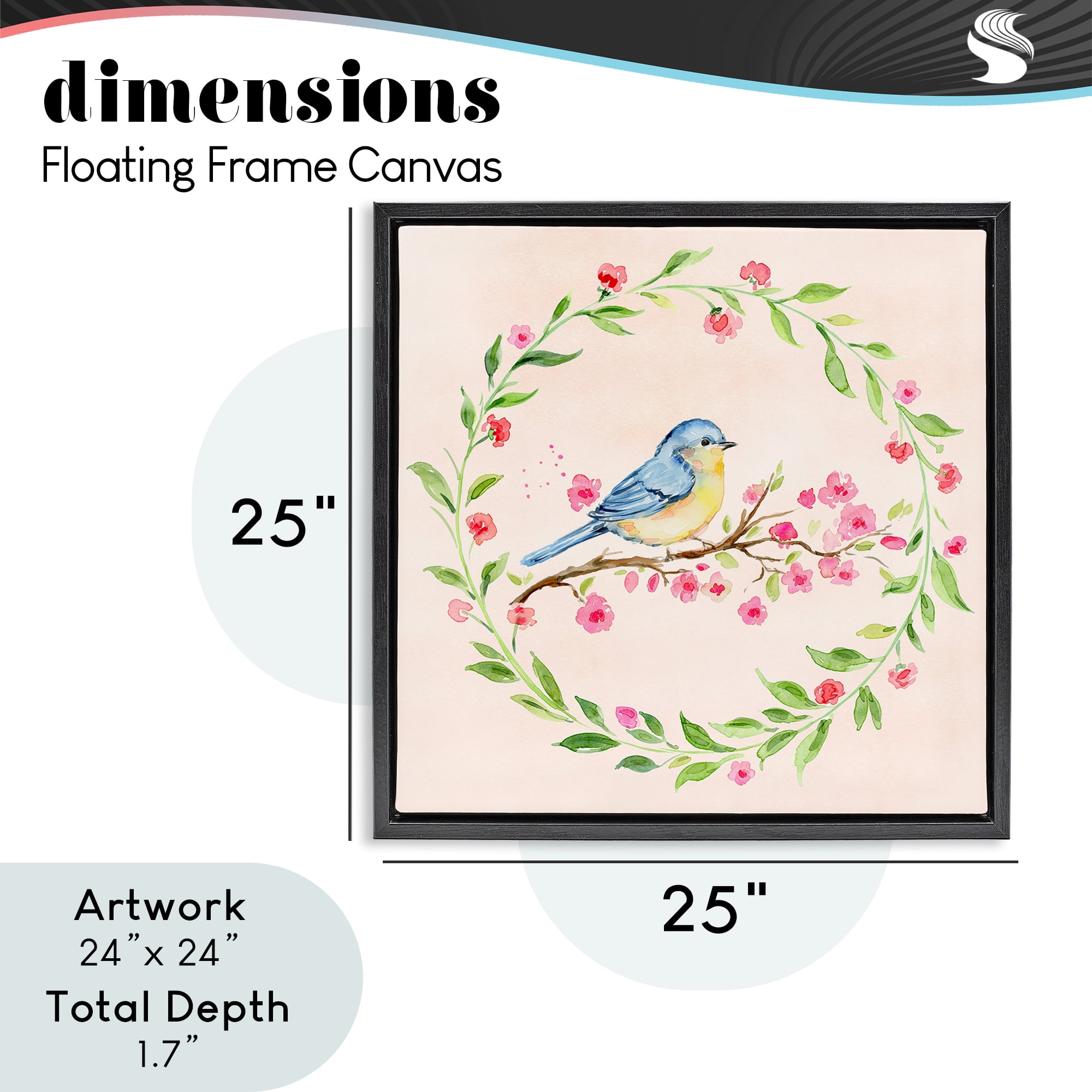 Spring Bird Wreath Perch Black Framed Floater Canvas Wall Art, design by Elena Fay