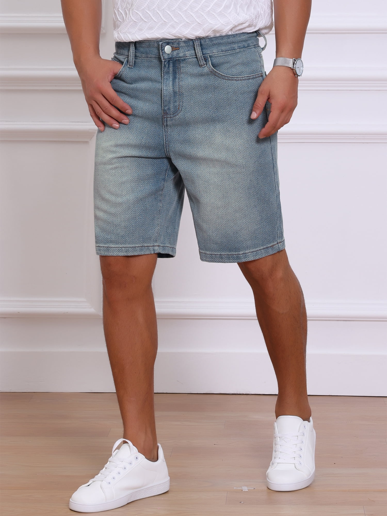 DARING DIVA Men's Textured Denim Above Knee Zipper Closure Jean Shorts 38 Light Blue