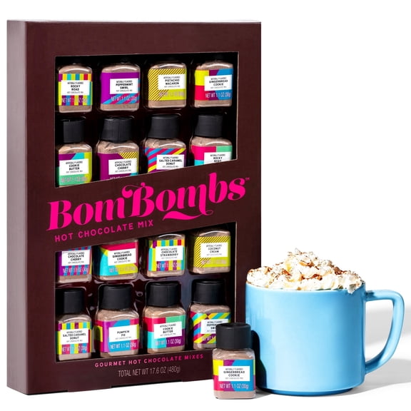 Thoughtfully BomBombs Hot Chocolate Mix Gift Set, 16 Sampler Bottles, Assorted Flavors, Powdered Cocoa Drink Mix