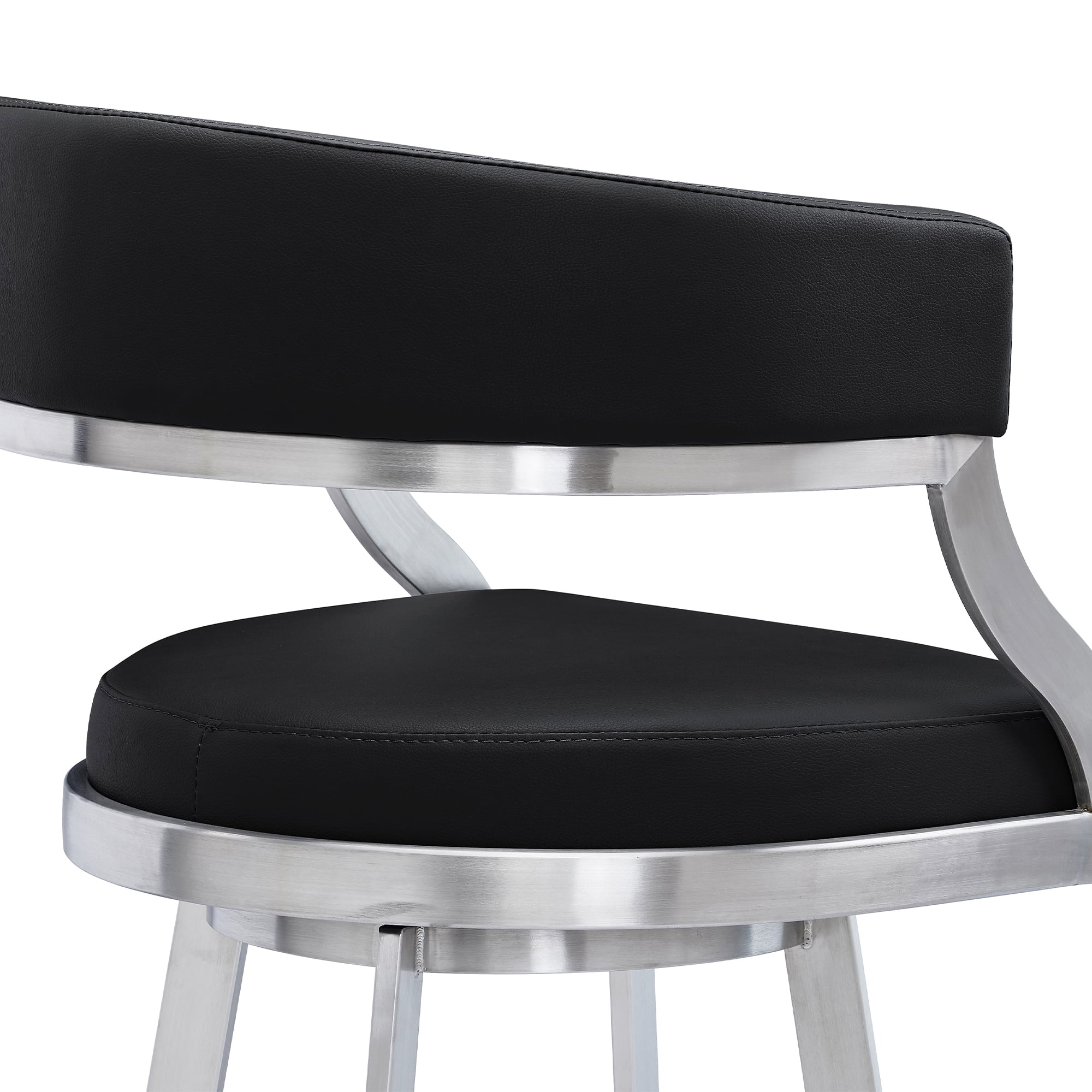 Saturn Modern 26" Seat Height Black Faux Leather and Brushed Stainless Steel Metal Swivel Bar Stool for Kitchen Island Counter