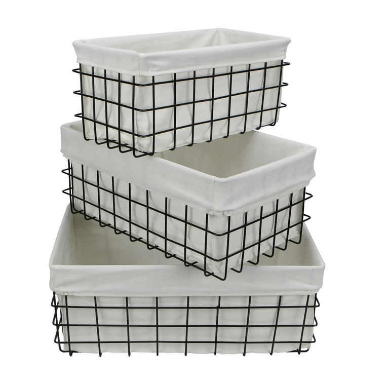 Set Of 3 Rectangular White Lined And Metal Wire Baskets Set Of 3 Rectangular White Lined And Metal Wire Baskets