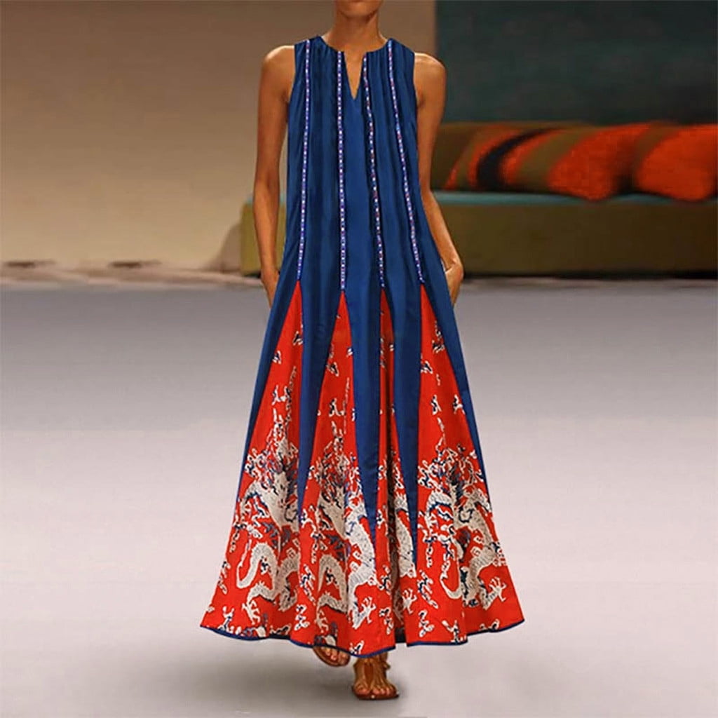 Roliyen Maxi Dresses For Women Plus Size Print Daily Casual Sleeveless ...