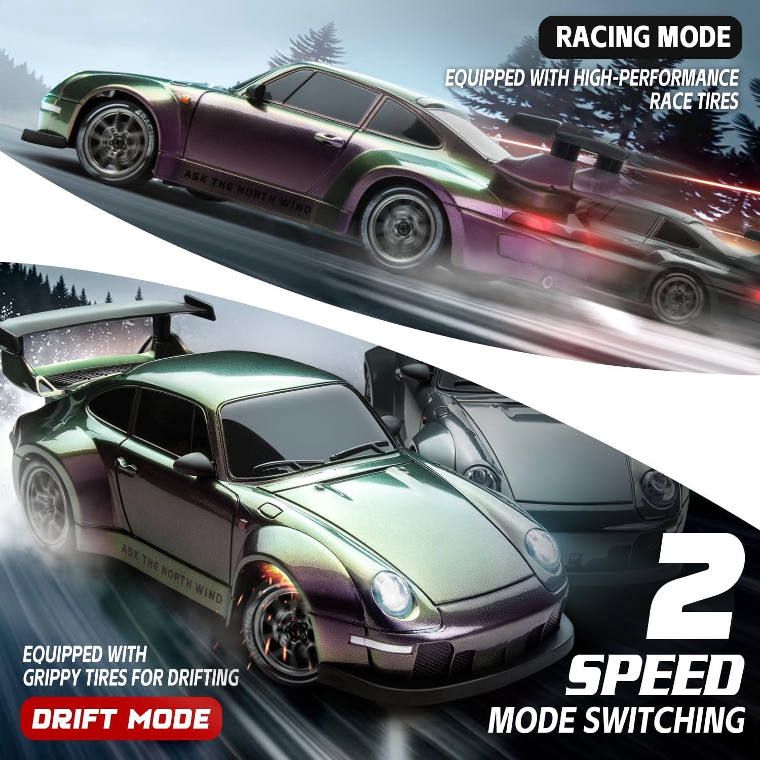 Track Seven RC Drift Car, 1:24 Scale Remote Control Vehicle with LED Lights, 2.4GHz 20KM/H 4WD High Speed RC Cars, Drifting Tires＆Two Batteries, Racing Sports Toy Idea Gift for Adults Boys Girls