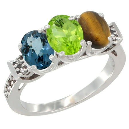 - 14K White Gold Natural London Blue Topaz, Peridot & Tiger Eye Ring 3-Stone 7x5 mm Oval Diamond Accent, sizes 5 - 10