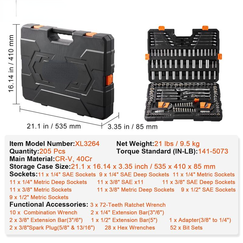 EcoExplorer 213-Piece Mechanics Tool Set - SAE/Metric Sockets & Wrenches, Cr-V Steel, Storage Case For Home & Auto Repair