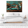 thumbnail image 4 of Mudket Vintage Leopard on Teal Velvet Sofa Framed Canvas Wall Art, Elegant Floral Jungle Leopard Print Room Decor for Women Living Room, Bedroom, Ready to Hang-40"L x 28"W, 4 of 10