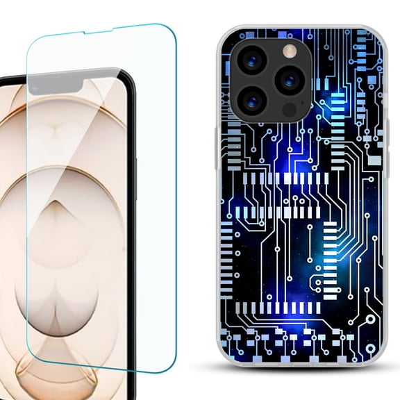 Slim-Fit Anti-Scratch Gel TPU Phone Case for iPhone 13 Pro, with Tempered Glass Screen Protector, by OneToughShield ® - Cosmos Circuit