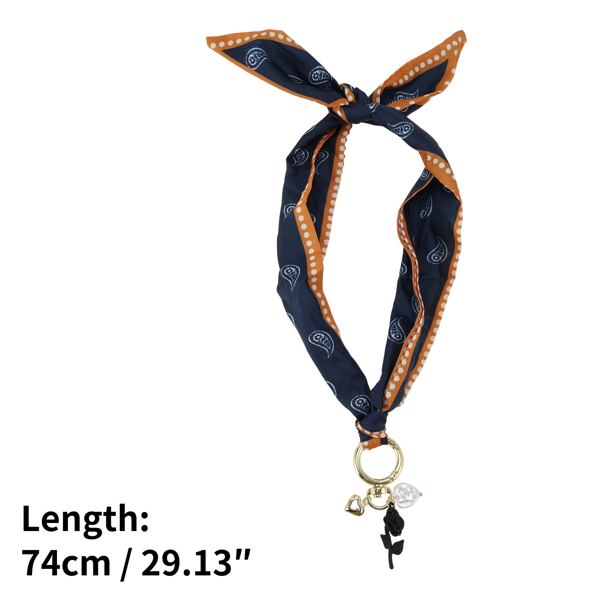 Unique Bargains Rose Flower Scarf Necklace with Charm Adjustable Tie Navy Blue Orange 1 Pc