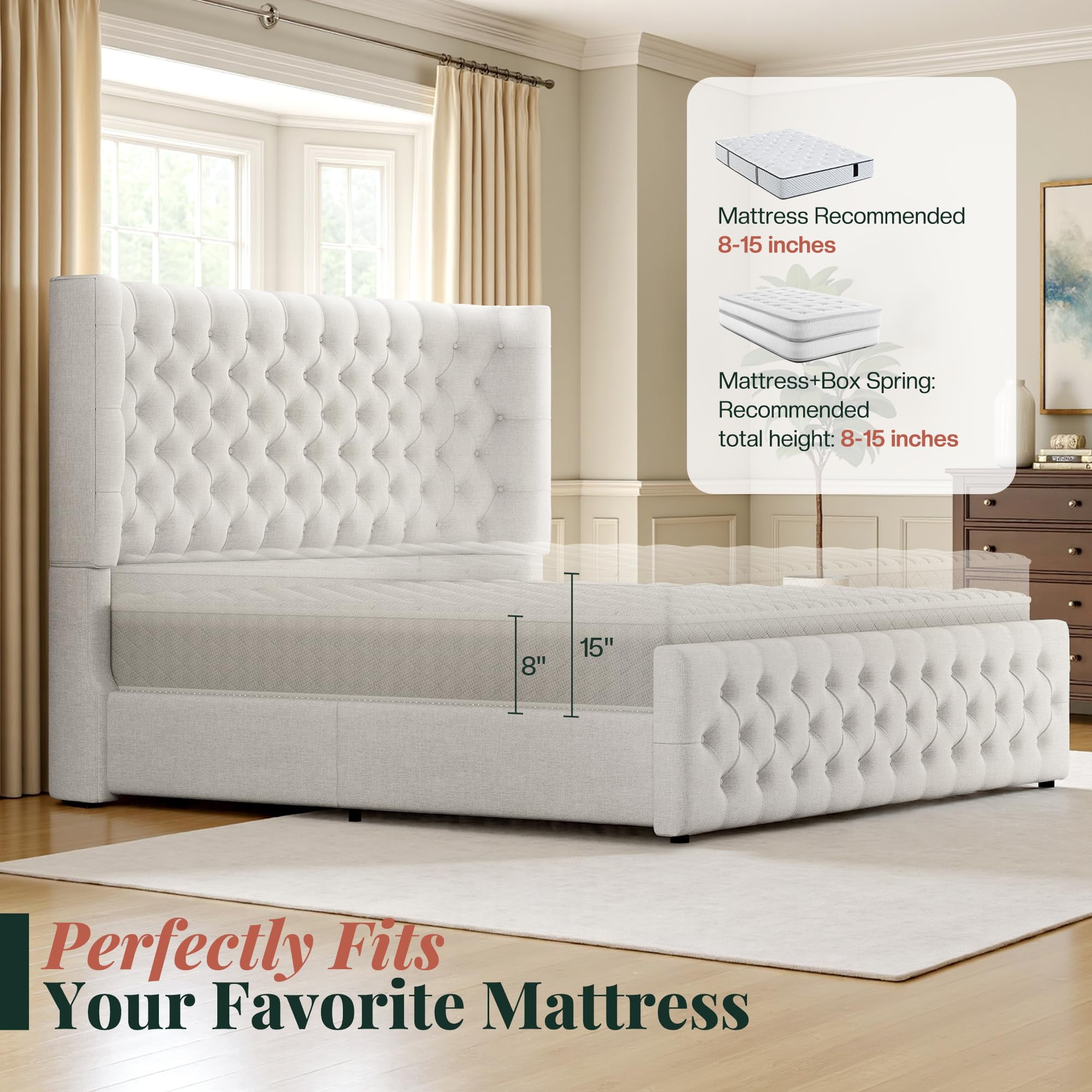 Amerlife King Bed Frame with 49” Upholstered Wingback Headboard, Noise-Free Platform Bed with Steel Frame and Slip-Resistant Edges, White