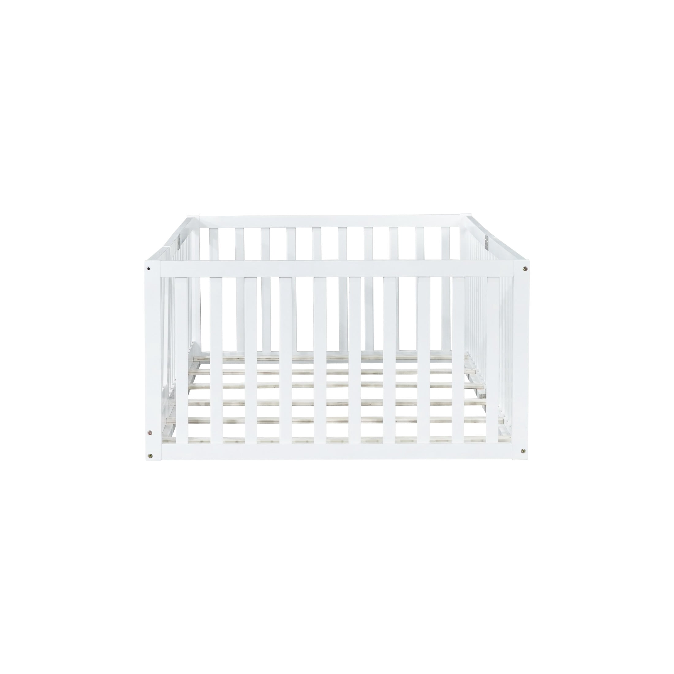 Noble House Nira Twin Floor Bed with High Fence and Door, Rubber Wood Montessori Bed Frame, Kids' Room, White