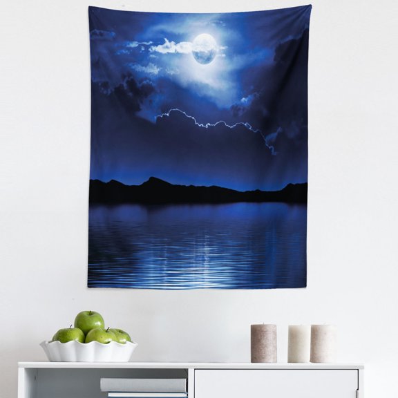 Night Tapestry, Fantasy Moon and Clouds over Calm Water Seascape Dramatic Cloudy Dark Sky, Fabric Wall Hanging Decor for Bedroom Living Room Dorm, 5 Sizes, Navy Blue White Black, by Ambesonne