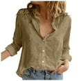 thumbnail image 1 of Blusa de lino de manga larga con cuello en V para mujer - Camisa abotonada, poliéster + spandex, informal/para la oficina, bolsillos delanteros, 1 of 5