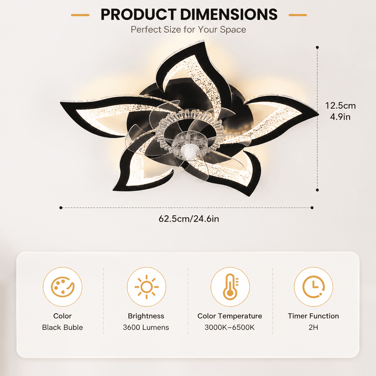Garwarm 24.6" Black Flower Ceiling Fan with Light, Low Profile Flush Mount Fandelier, Dimmable LED Ceiling Light with Remote, 6-Speed Reversible Fan for Bedroom, Kitchen, Living Room