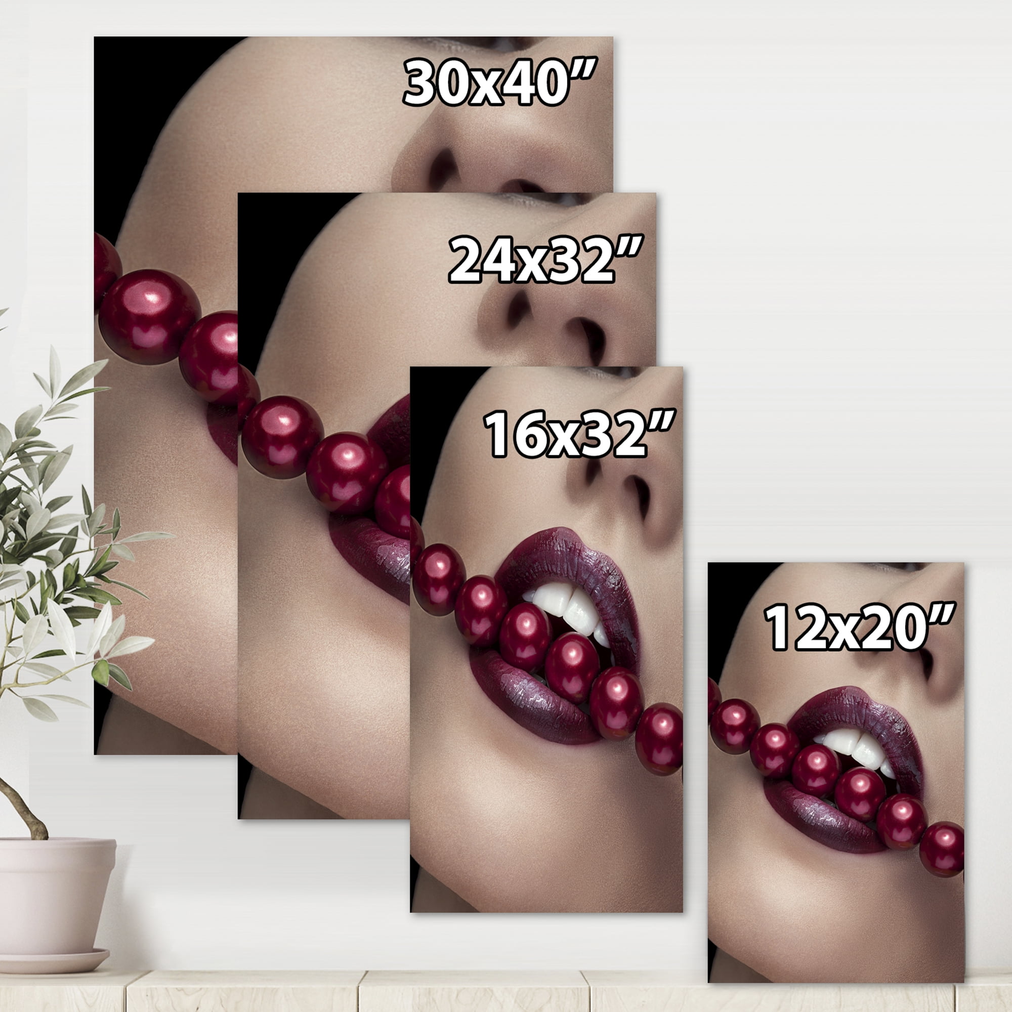 Designart ' Girl Bitting With Red Lips With Red Pearls ' Modern Canvas Wall Art Print