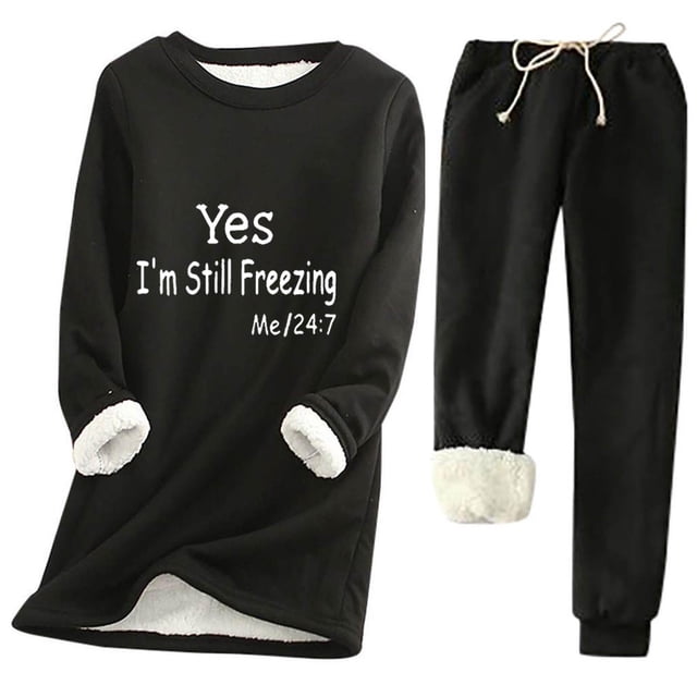 Haivin Two-Piece Fleece Set for Woman, Solid Color Print Long Sleeve Round Neck Thermal Top and Drawstring Pocket Pants, Warm for Winter and Daily Wear