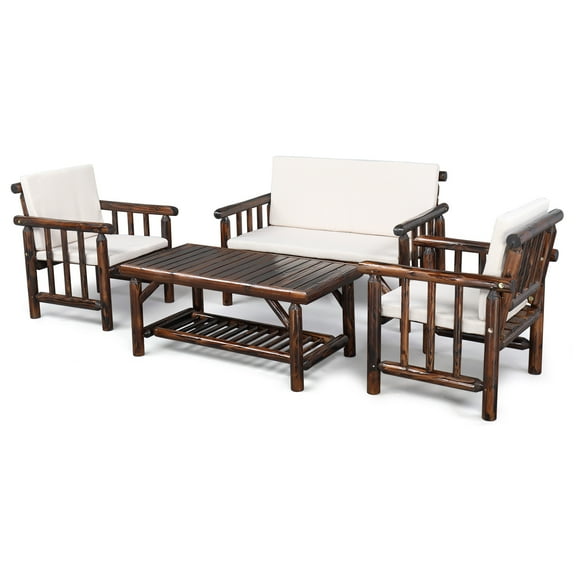 Ktaxon 4-Piece Outdoor Wood Conversation Set, Acacia Wood Patio Sofa Set for Patio Garden Deck  Porch, White