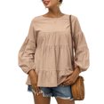 thumbnail image 1 of Top de manga larga para mujer Otoño Cuello redondo Mangas acampanadas Manga larga Suelta Casual Color puro Top Albaricoque M, 1 of 6