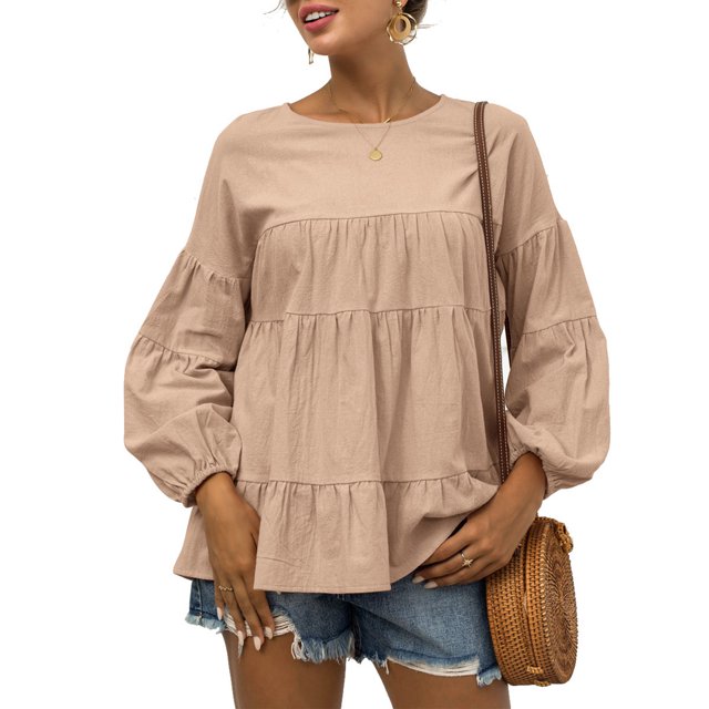 Top de manga larga para mujer Otoño Cuello redondo Mangas acampanadas Manga larga Suelta Casual Color puro Top Albaricoque M