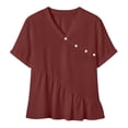 thumbnail image 2 of Craaazy Women's Plus Size Versatile Solid Color Cotton Linen V-Neck Short Sleeve T-shirts with Ruffle Trim for Daily Wear, 2 of 7