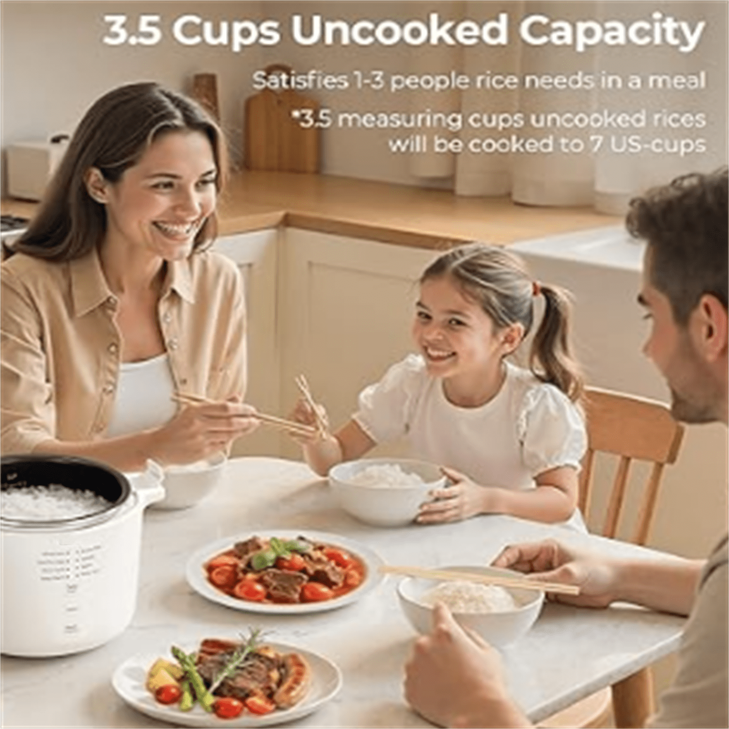 3.5-Cup Rice Cooker for 1-3 People, Multifunctional for Rice, Oatmeal, Quinoa - Slow Cook, Steam, Cook Rice & Steam Dish Together, Rice White