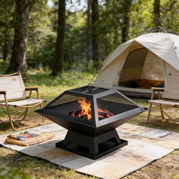 Outdoor Fire Pit, 19" Firepit, Segmart Wood Burning Fire Pit, Fire Pits for Outside, Fire Pit Table with Lid, Grill, Poker, Square Metal Firepit Table For Outside Patio, Black