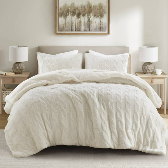 2 Pieces Twin Cable Knit Chenille Comforter Set,Ivory
