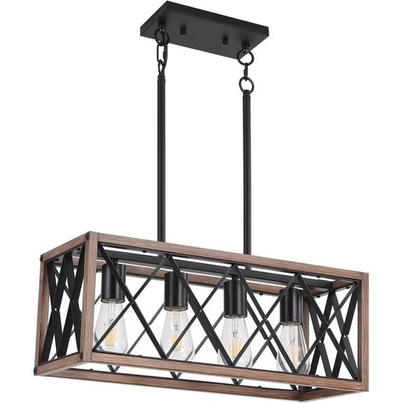 KEESFU 4-Light Farmhouse Pendant Light, Adjustable Height Wood Grain & Black Metal Frame for Kitchen Island, Dining Room, Pool Table