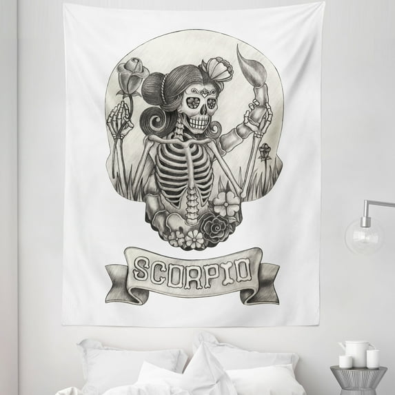 Zodiac Scorpio Tapestry, Human Skeleton Sugar Skull Design Dead Woman with Flowers Vintage, Fabric Wall Hanging Decor for Bedroom Living Room Dorm, 5 Sizes, Beige Black White, by Ambesonne