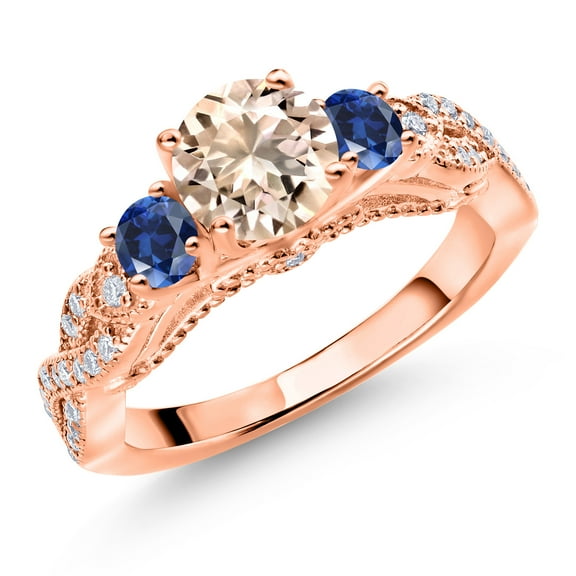 Gem Stone King 18K Rose Gold Plated Silver Peach Morganite Blue Created Sapphire and White Moissanite Engagement Ring for Women (1.15 Cttw, Gemstone October Birthstone, Round 6MM and 3MM, Size 5)