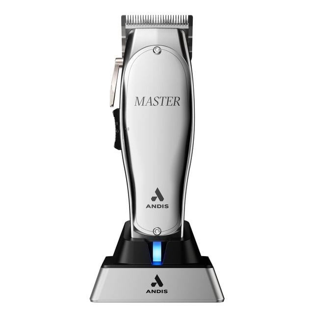 Andis 12660 Cortapelos profesional Master con cable/inalámbrico, cortapelos con hoja de acero al carbono ajustable para cortes al ras, plateado