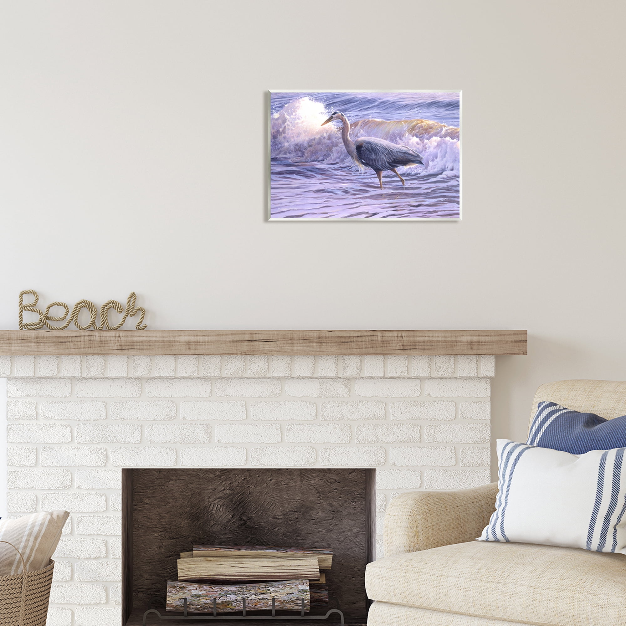 Stupell Industries Crane Bird Splashing Ocean Waves Coastal Photography Unframed Art Print Wall Art