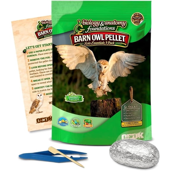 OBDK Barn Owl Pellets for Dissection - 1 Pack Medium Sized (1.5"-2.0") with Tools, Guide and Charts from Owl Brand Discovery Kits