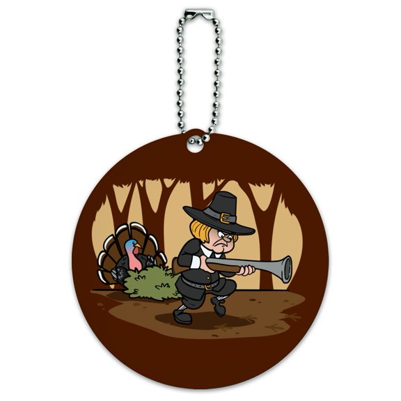 Pilgrim Turkey Thanksgiving Hunting Round Luggage ID Tag Card Suitcase Carry-On