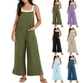 thumbnail image 6 of Qeaghou Linen Overalls for Women Summer Casual Loose Overalls Jumpsuits One Piece Sleeveless Wide Leg Long Pant Rompers With Pockets, 6 of 7