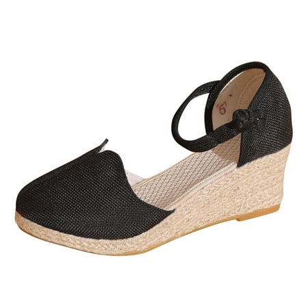 

Sandals for Woman Ripple Linen Platform Wedge Fashion Versatile Braided Buckle Breathable Wedge Shoes for Women Black Size 8