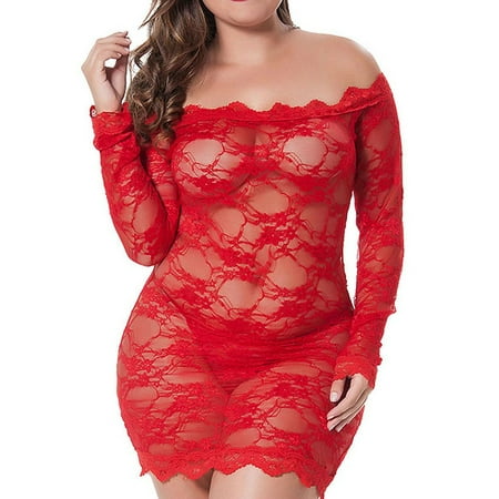 

KVMeteor Women s Plus Size Sexy Off Shoulder See Through Lace Pajamas Nightgown