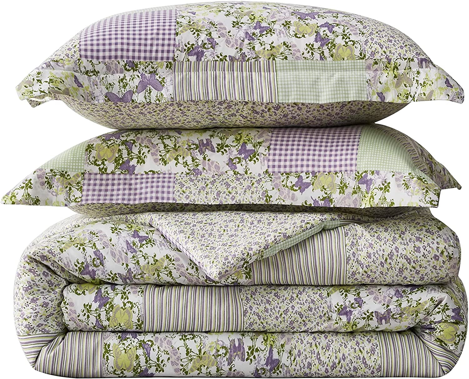 Chezmoi Collection Daisy 3-Piece Printed Patchwork Comforter Set, Purple Butterfly Botanical Candy Stripe Checkered Lightweight Reversible Microfiber Bedding, Twin Size
