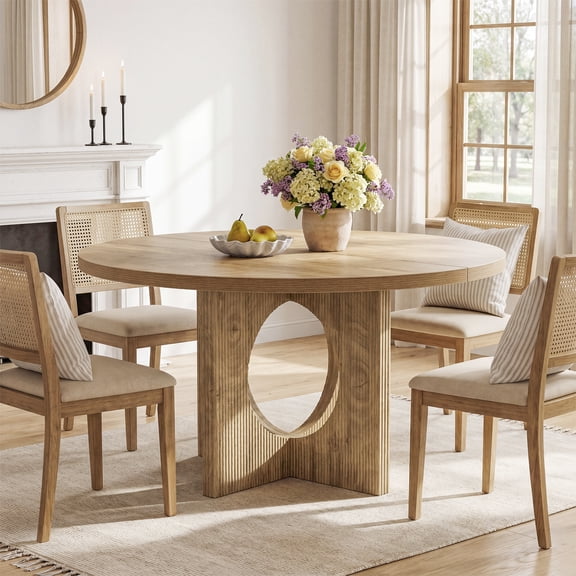 Finmind 47" Round Dining Table for 4-6, Farmhouse Circle Kitchen Table with Pedestal Base, Wooden Dinner Table for Kitchen, Dining Room, Brown