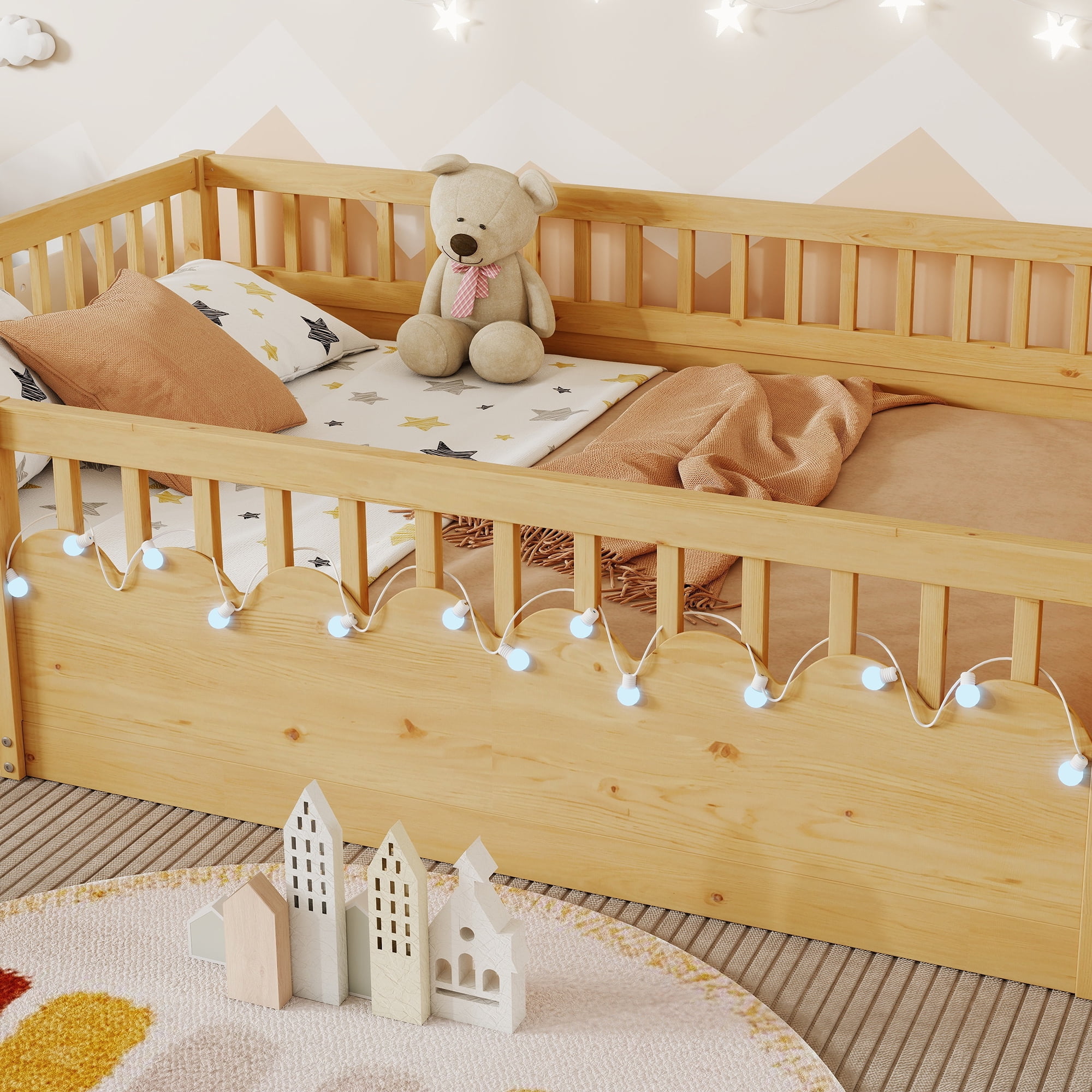 Euroco Wood Full Size Montessori Floor Bed with Guardrails and LED Light, Kids Bed with Storage Shelves, Natural
