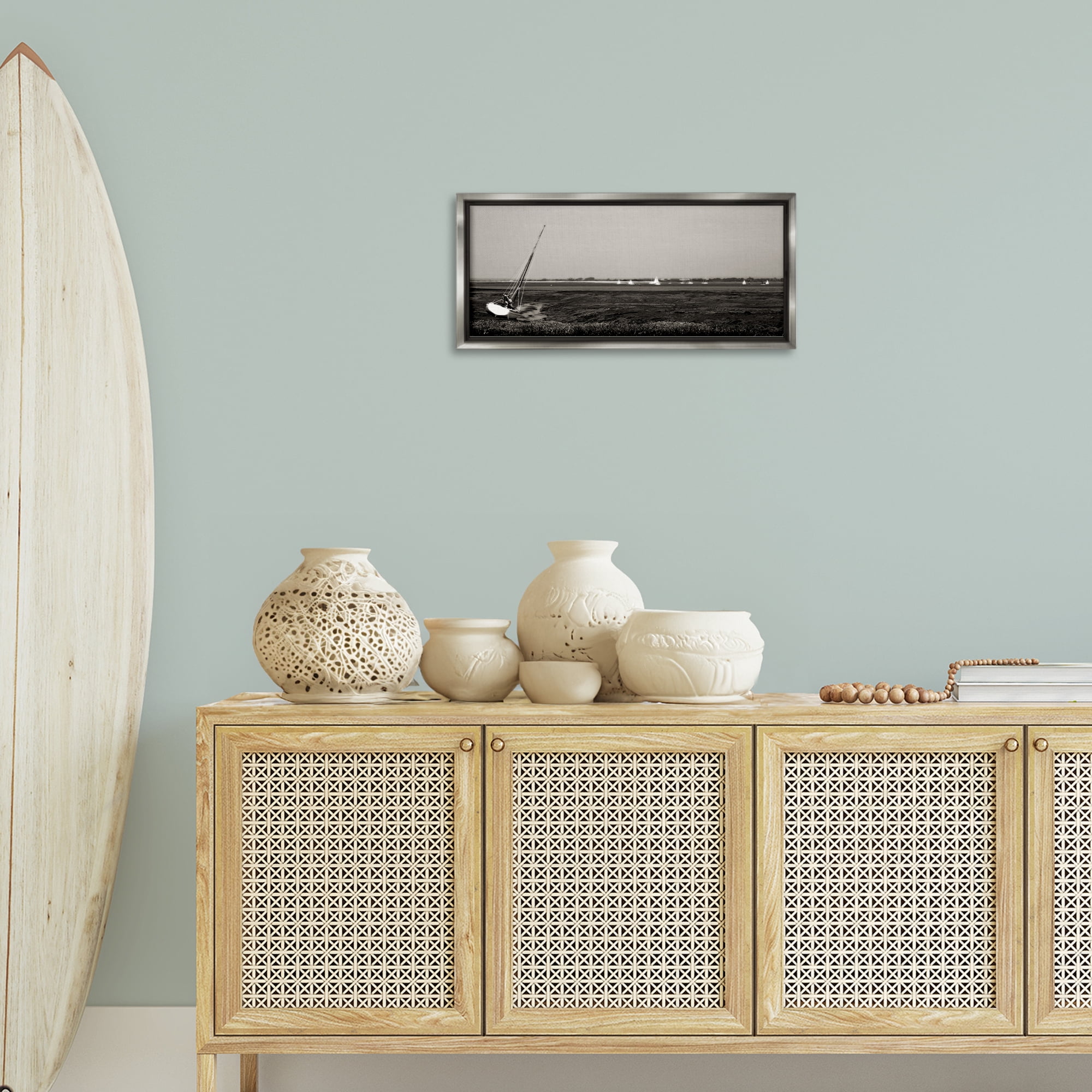 Stupell Industries Boating Towards Hayling Coastal Photography Gray Floater Framed Canvas Art Print Wall Art, 25 x 11