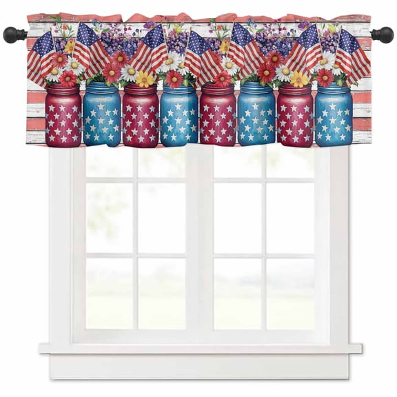 Hokiten Rod Pocket Curtain Valance, 4th of July Farmhouse Window Valance for Living Room, Bedroom, Kitchen Independence Day Red Striped Floral 60"W x 18"L