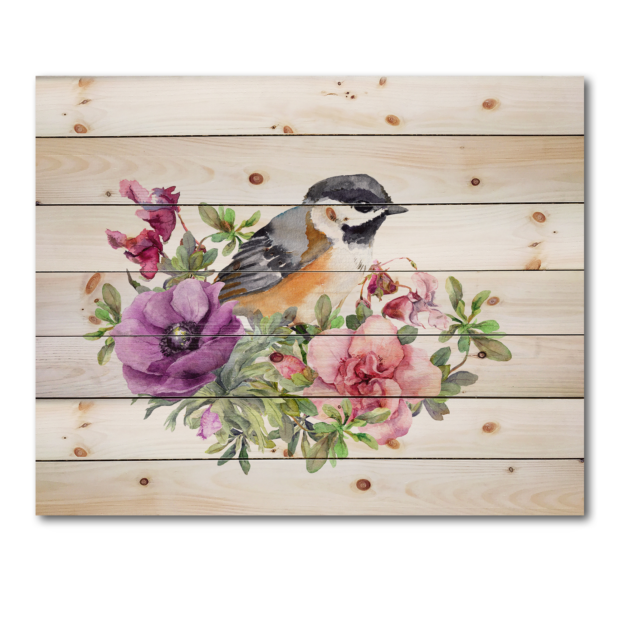 Designart 'Cute Bird In Purple and Pink Flowers' Traditional Print on Natural Pine Wood