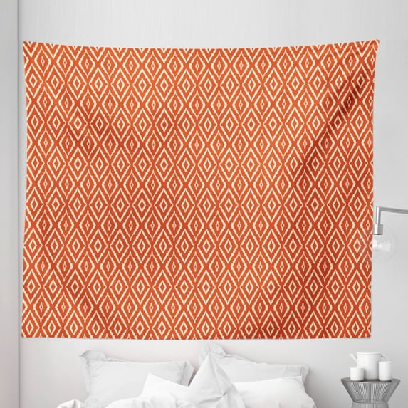Bohemian Art Tapestry, Ikat Geometric Pattern Indigenous Tribe Smoothly Continuous Pattern, Fabric Wall Hanging Decor for Bedroom Living Room Dorm, 5 Sizes, Ivory and Vermilion, by Ambesonne
