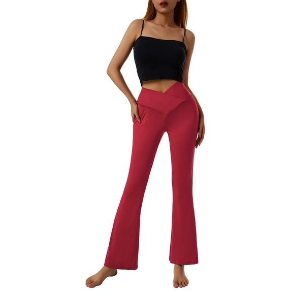 Gureui Women High Waisted Yoga Leggings Crossover Waist Tummy Control Wide Leg Bootcut Yoga Running Flare Pants
